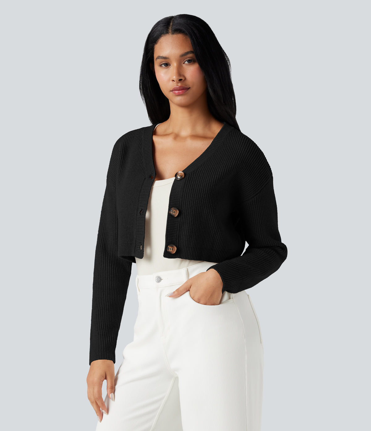 V-neck Long Sleeve Cropped Work Cardigan — Black — view 6