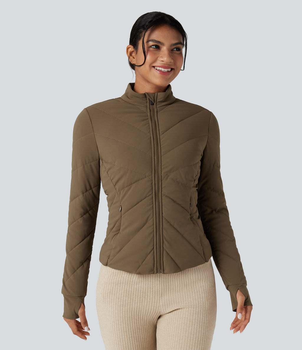 PuffFlex Stand Collar Long Sleeve Thumb Hole Casual Quilted Jacket with Pockets — Chestnut Brown — view 4