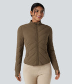 PuffFlex Stand Collar Long Sleeve Thumb Hole Casual Quilted Jacket with Pockets — Chestnut Brown — view 4