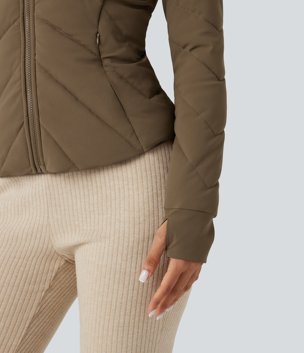 PuffFlex Stand Collar Long Sleeve Thumb Hole Casual Quilted Jacket with Pockets — Chestnut Brown — view 6