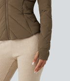 PuffFlex Stand Collar Long Sleeve Thumb Hole Casual Quilted Jacket with Pockets — Chestnut Brown — view 6
