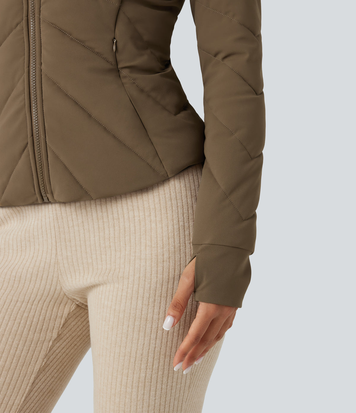 PuffFlex Stand Collar Long Sleeve Thumb Hole Casual Quilted Jacket with Pockets — Chestnut Brown — view 6