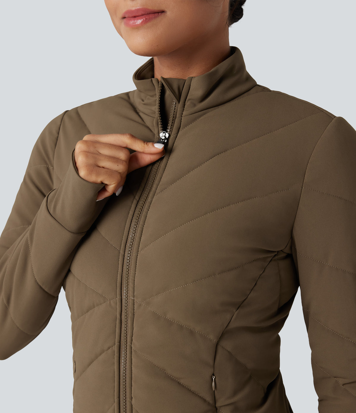 PuffFlex Stand Collar Long Sleeve Thumb Hole Casual Quilted Jacket with Pockets — Chestnut Brown — view 5