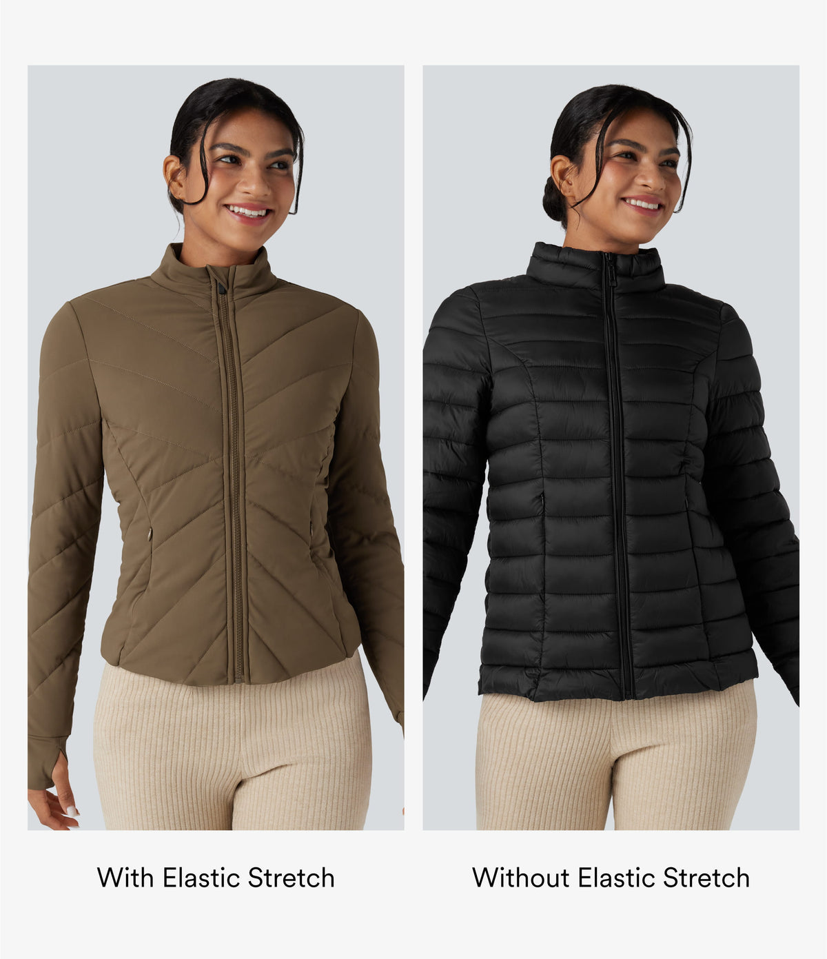 PuffFlex Stand Collar Long Sleeve Thumb Hole Casual Quilted Jacket with Pockets — Chestnut Brown — view 2