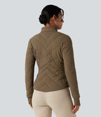 PuffFlex Stand Collar Long Sleeve Thumb Hole Casual Quilted Jacket with Pockets — Chestnut Brown — view 3