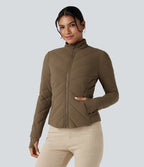 PuffFlex Stand Collar Long Sleeve Thumb Hole Casual Quilted Jacket with Pockets — Chestnut Brown — view 1