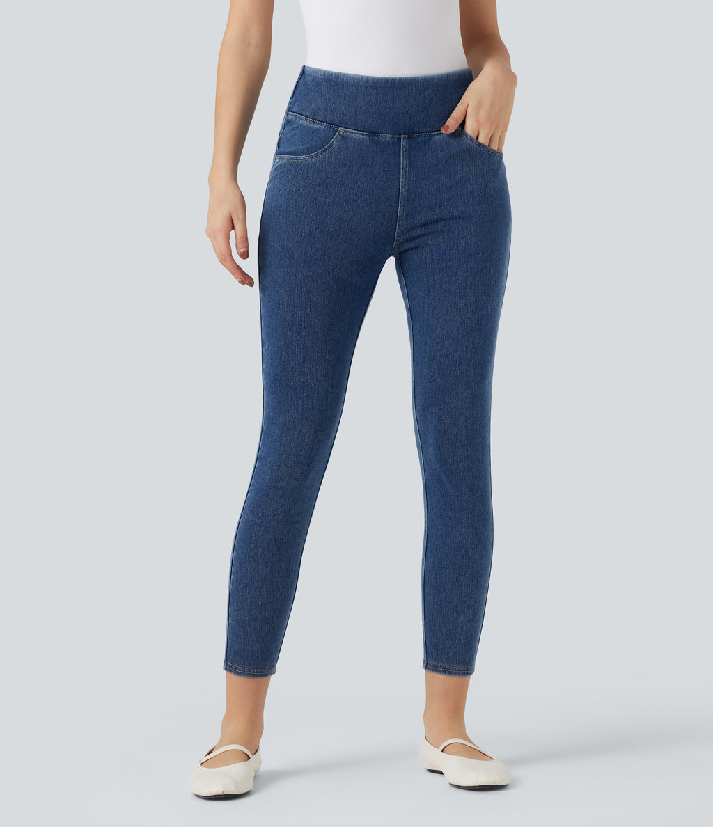High Waisted Tummy Control Butt Lifting Denim Casual Leggings with Pockets — Tide Blue Denim — view 2