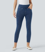 High Waisted Tummy Control Butt Lifting Denim Casual Leggings with Pockets — Tide Blue Denim — view 2
