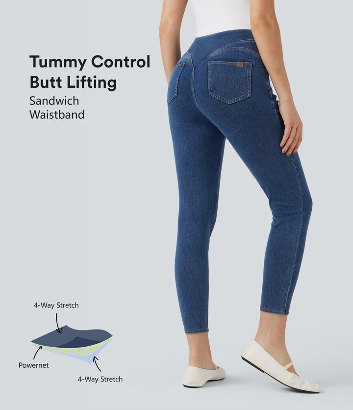 High Waisted Tummy Control Butt Lifting Denim Casual Leggings with Pockets — Tide Blue Denim — view 1