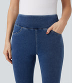 High Waisted Tummy Control Butt Lifting Denim Casual Leggings with Pockets — Tide Blue Denim — view 5