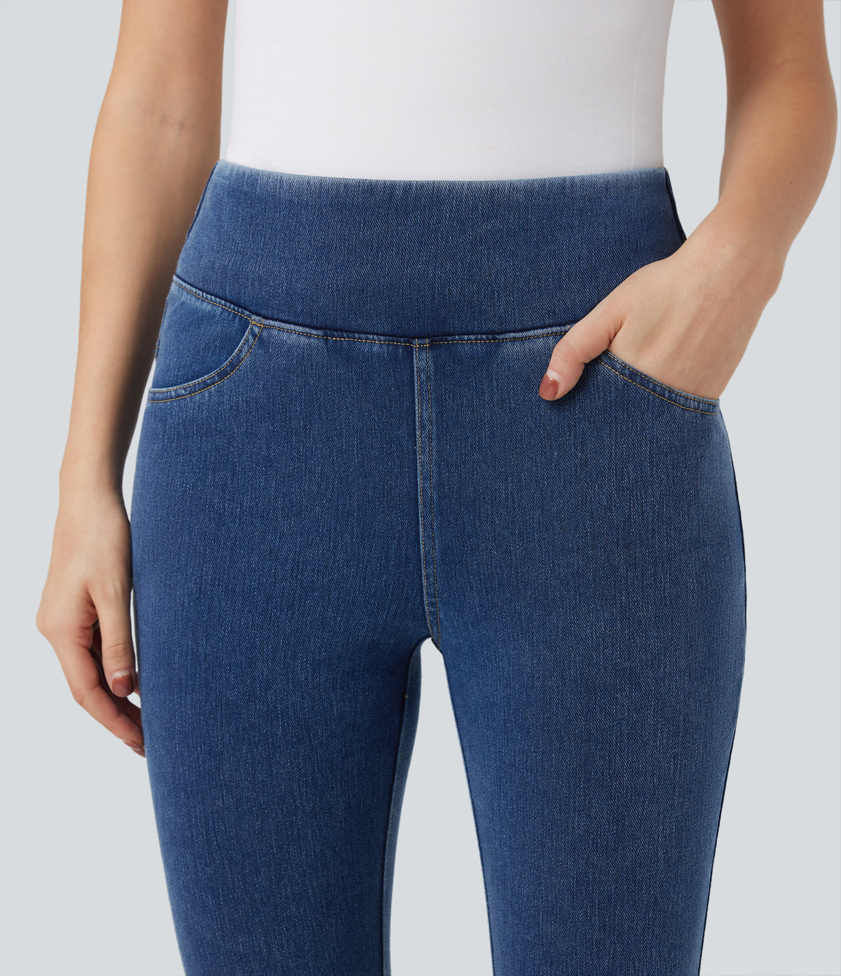 High Waisted Tummy Control Butt Lifting Denim Casual Leggings with Pockets — Tide Blue Denim — view 5