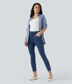 High Waisted Tummy Control Butt Lifting Denim Casual Leggings with Pockets — Tide Blue Denim — view 6