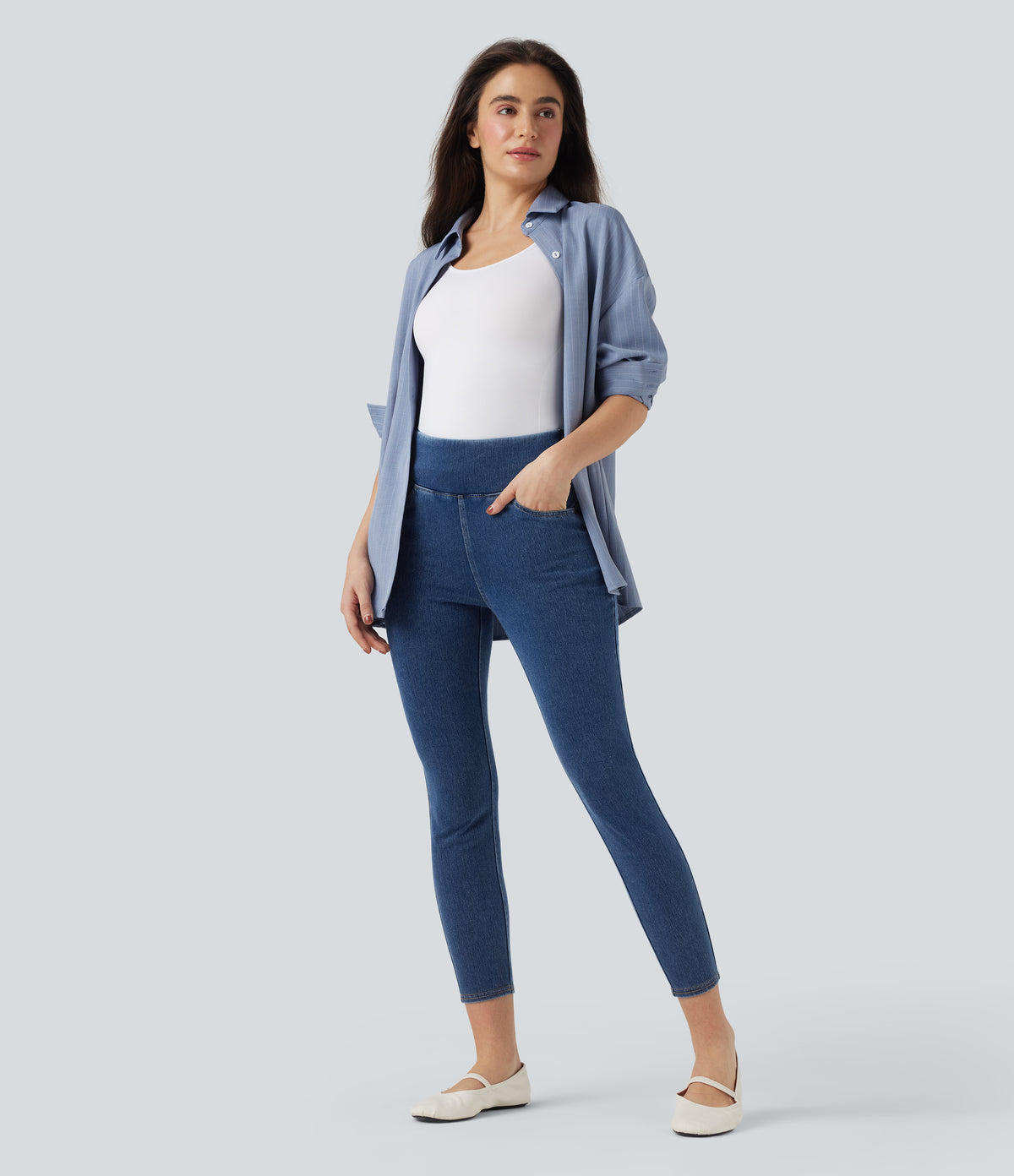 High Waisted Tummy Control Butt Lifting Denim Casual Leggings with Pockets — Tide Blue Denim — view 6