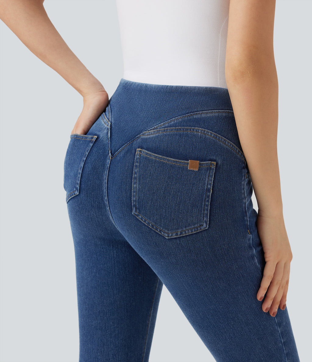 High Waisted Tummy Control Butt Lifting Denim Casual Leggings with Pockets — Tide Blue Denim — view 4