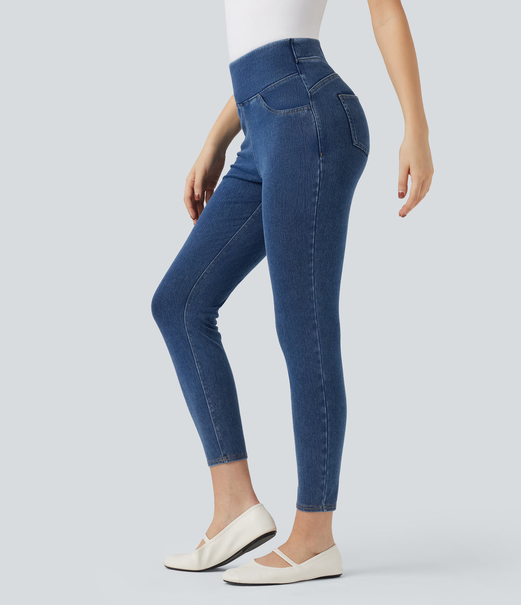 High Waisted Tummy Control Butt Lifting Denim Casual Leggings with Pockets — Tide Blue Denim — view 3