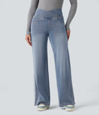 High Waisted Crossover Stripe Bootcut Casual Jeans with Pockets — Malibu Blue Denim — view 3