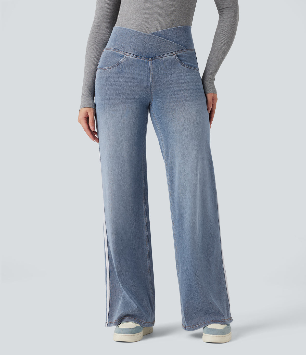 High Waisted Crossover Stripe Bootcut Casual Jeans with Pockets — Malibu Blue Denim — view 3