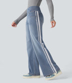 High Waisted Crossover Stripe Bootcut Casual Jeans with Pockets — Malibu Blue Denim — view 1