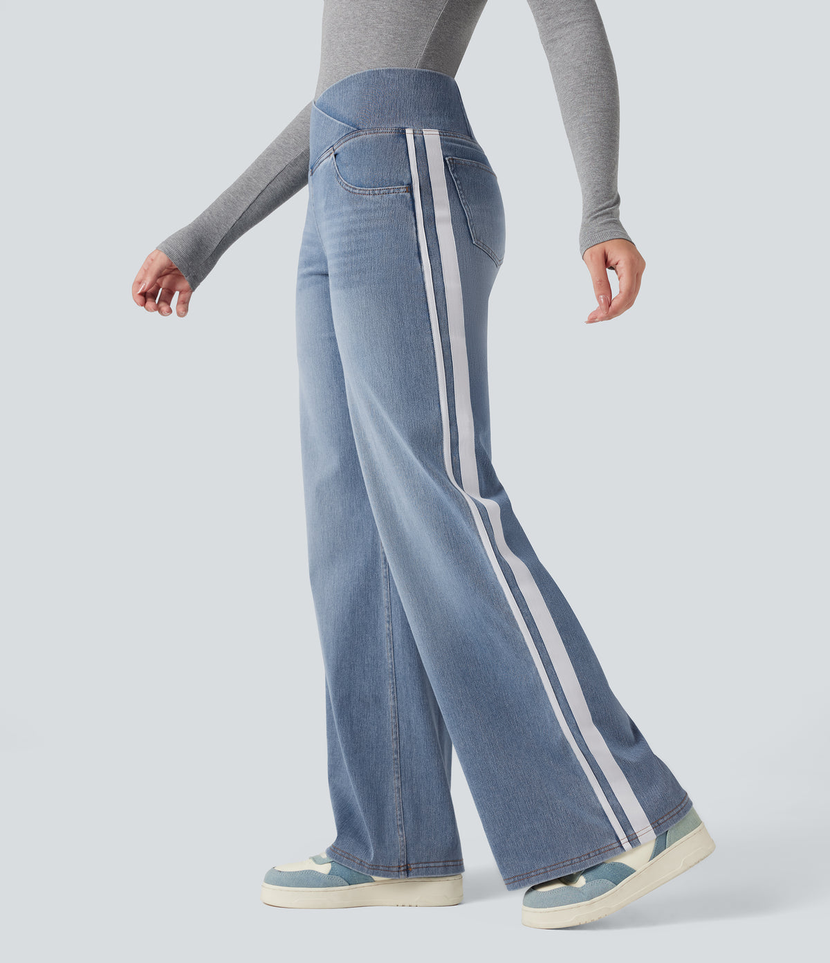 High Waisted Crossover Stripe Bootcut Casual Jeans with Pockets — Malibu Blue Denim — view 1