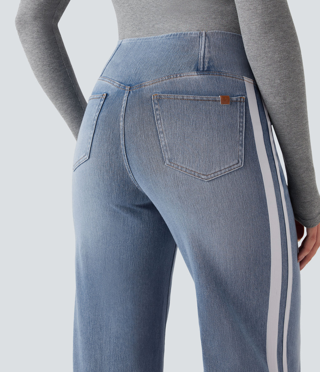 High Waisted Crossover Stripe Bootcut Casual Jeans with Pockets — Malibu Blue Denim — view 5