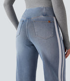 High Waisted Crossover Stripe Bootcut Casual Jeans with Pockets — Malibu Blue Denim — view 5