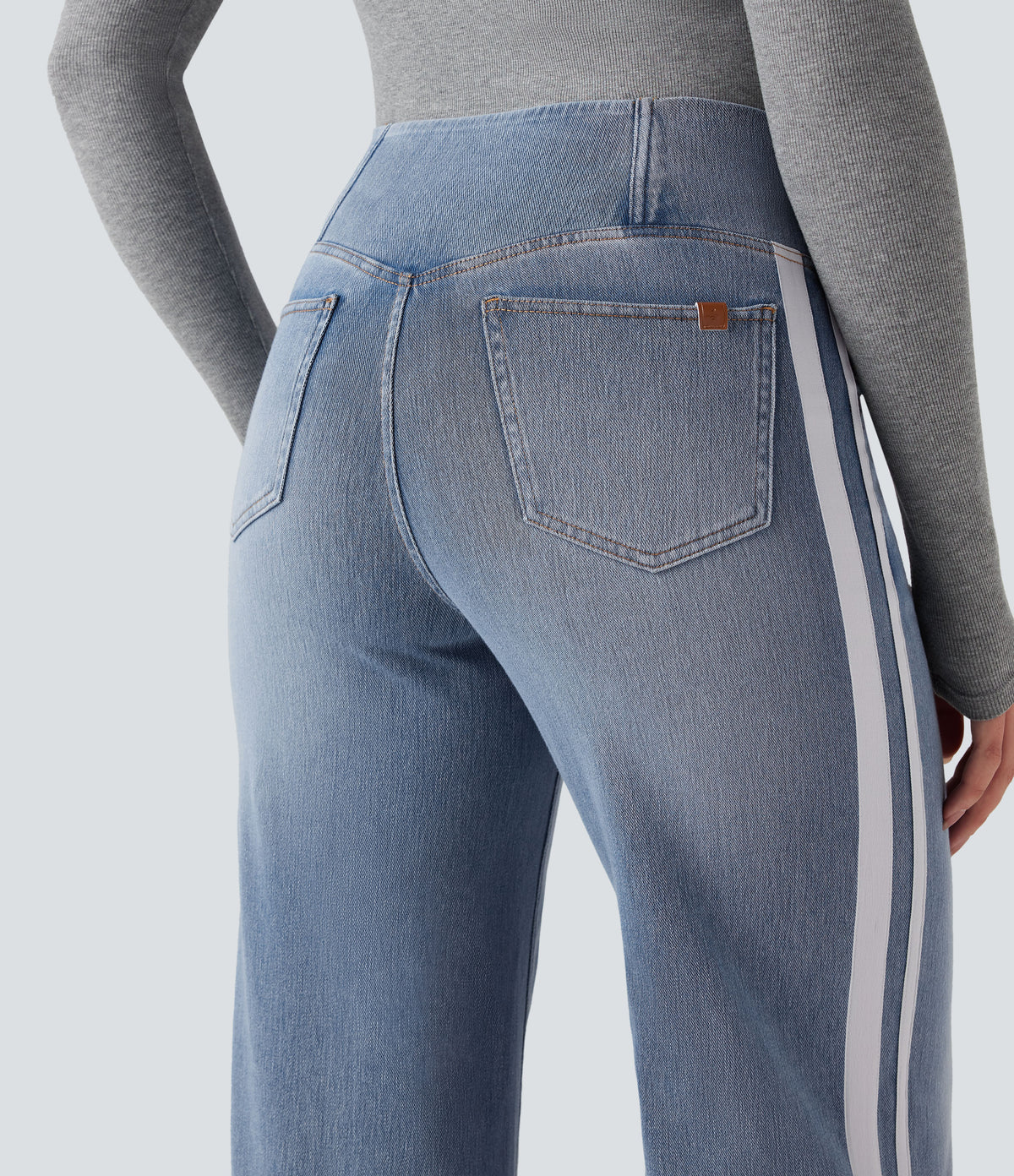 High Waisted Crossover Stripe Bootcut Casual Jeans with Pockets — Malibu Blue Denim — view 5