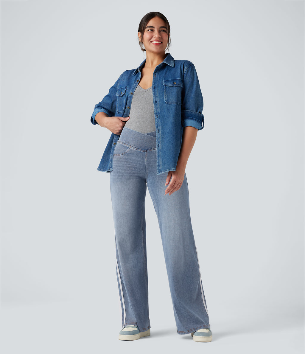 High Waisted Crossover Stripe Bootcut Casual Jeans with Pockets — Malibu Blue Denim — view 7