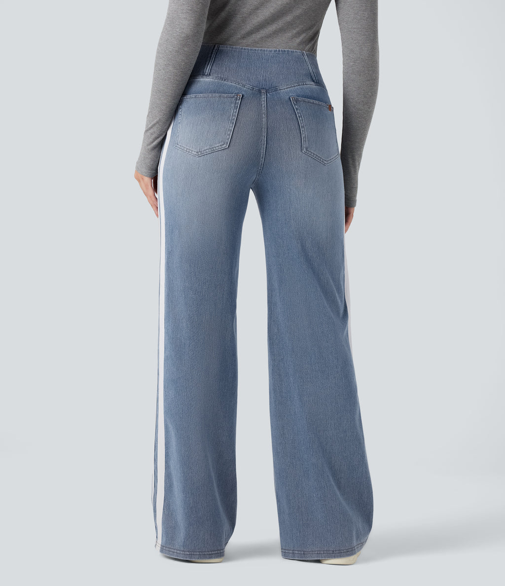 High Waisted Crossover Stripe Bootcut Casual Jeans with Pockets — Malibu Blue Denim — view 2