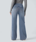 High Waisted Crossover Stripe Bootcut Casual Jeans with Pockets — Malibu Blue Denim — view 2