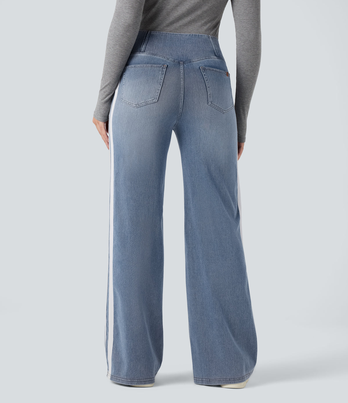 High Waisted Crossover Stripe Bootcut Casual Jeans with Pockets — Malibu Blue Denim — view 2