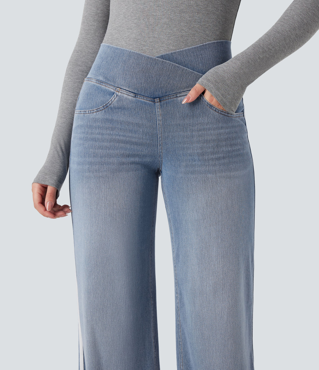 High Waisted Crossover Stripe Bootcut Casual Jeans with Pockets — Malibu Blue Denim — view 6