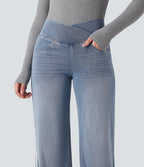 High Waisted Crossover Stripe Bootcut Casual Jeans with Pockets — Malibu Blue Denim — view 6