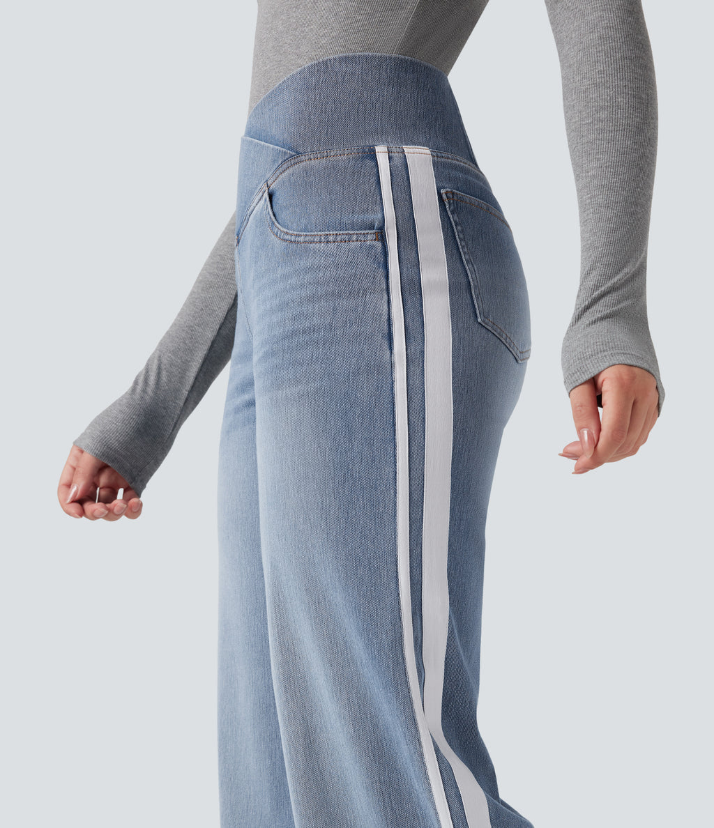 High Waisted Crossover Stripe Bootcut Casual Jeans with Pockets — Malibu Blue Denim — view 4
