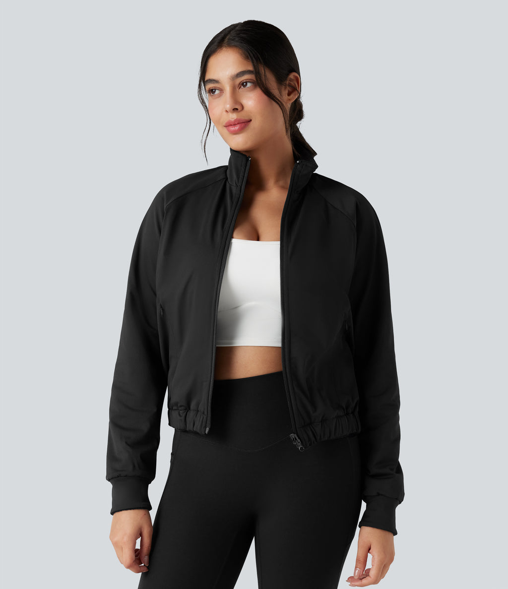 Reversible High Neck Long Sleeve Fleece Hiking Jacket with Pockets (Two Looks in One) — Black — view 6