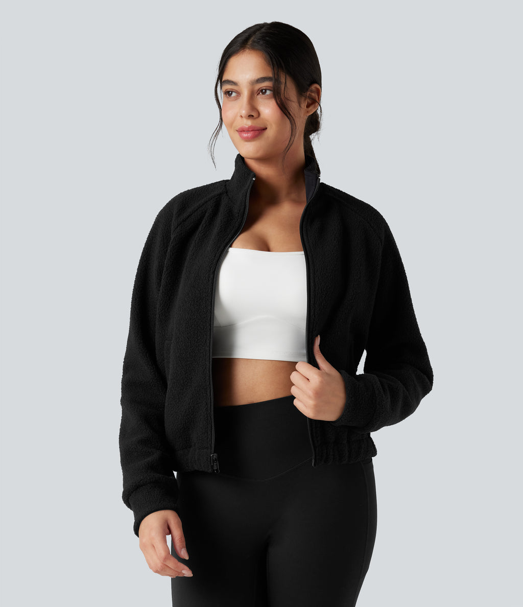 Reversible High Neck Long Sleeve Fleece Hiking Jacket with Pockets (Two Looks in One) — Black — view 5