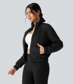 Reversible High Neck Long Sleeve Fleece Hiking Jacket with Pockets (Two Looks in One) — Black — view 4