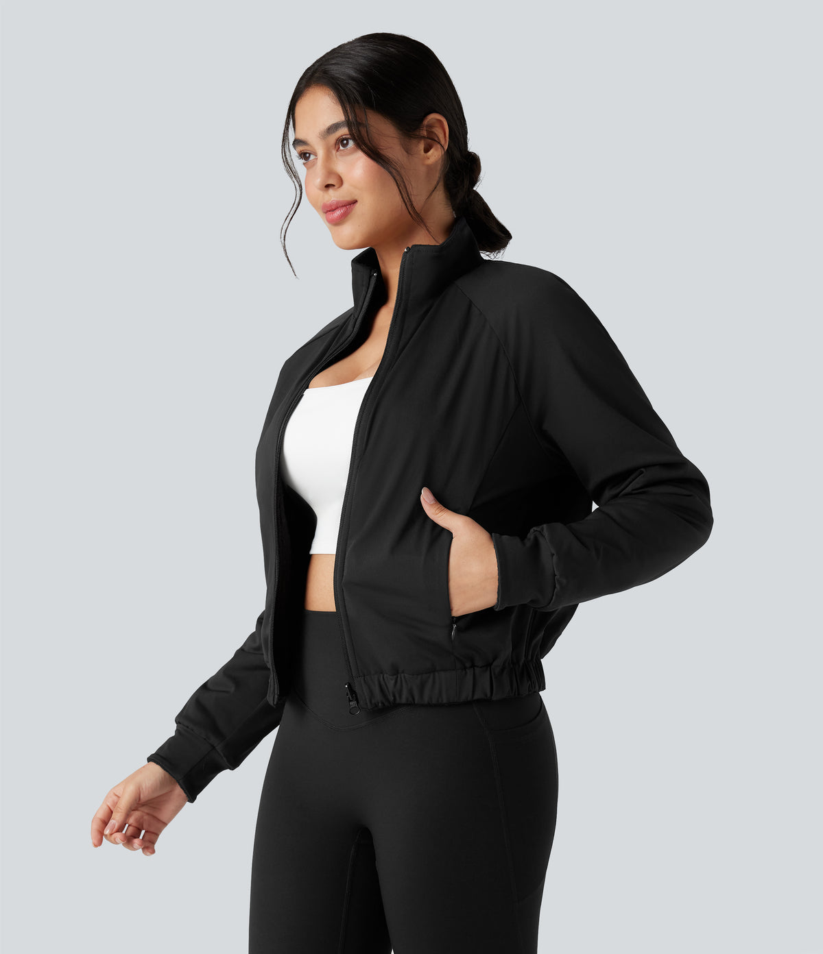 Reversible High Neck Long Sleeve Fleece Hiking Jacket with Pockets (Two Looks in One) — Black — view 4