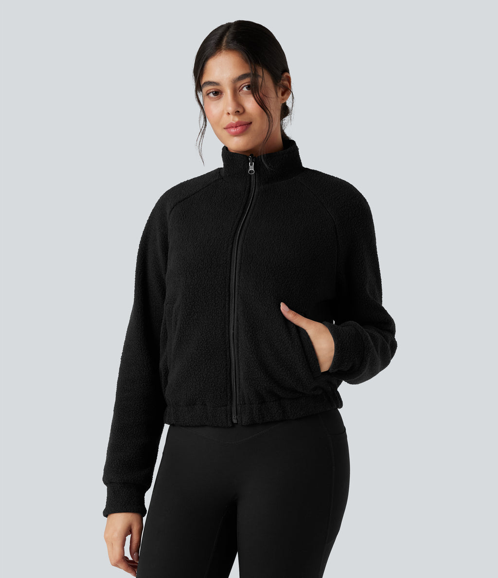 Reversible High Neck Long Sleeve Fleece Hiking Jacket with Pockets (Two Looks in One) — Black — view 2
