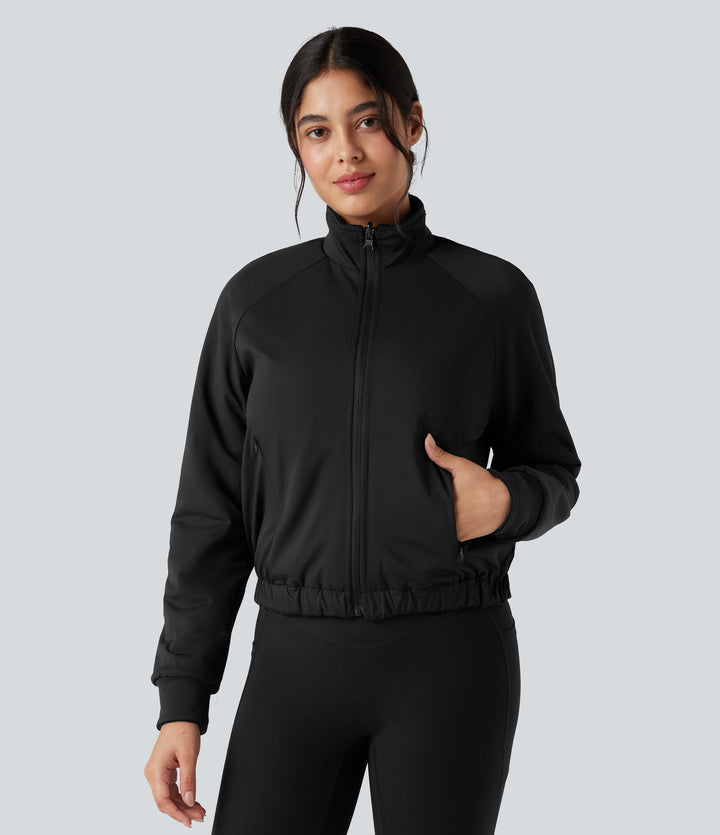 Reversible High Neck Long Sleeve Fleece Hiking Jacket with Pockets (Two Looks in One) — Black — view 1