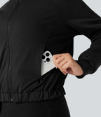 Reversible High Neck Long Sleeve Fleece Hiking Jacket with Pockets (Two Looks in One) — Black — view 7