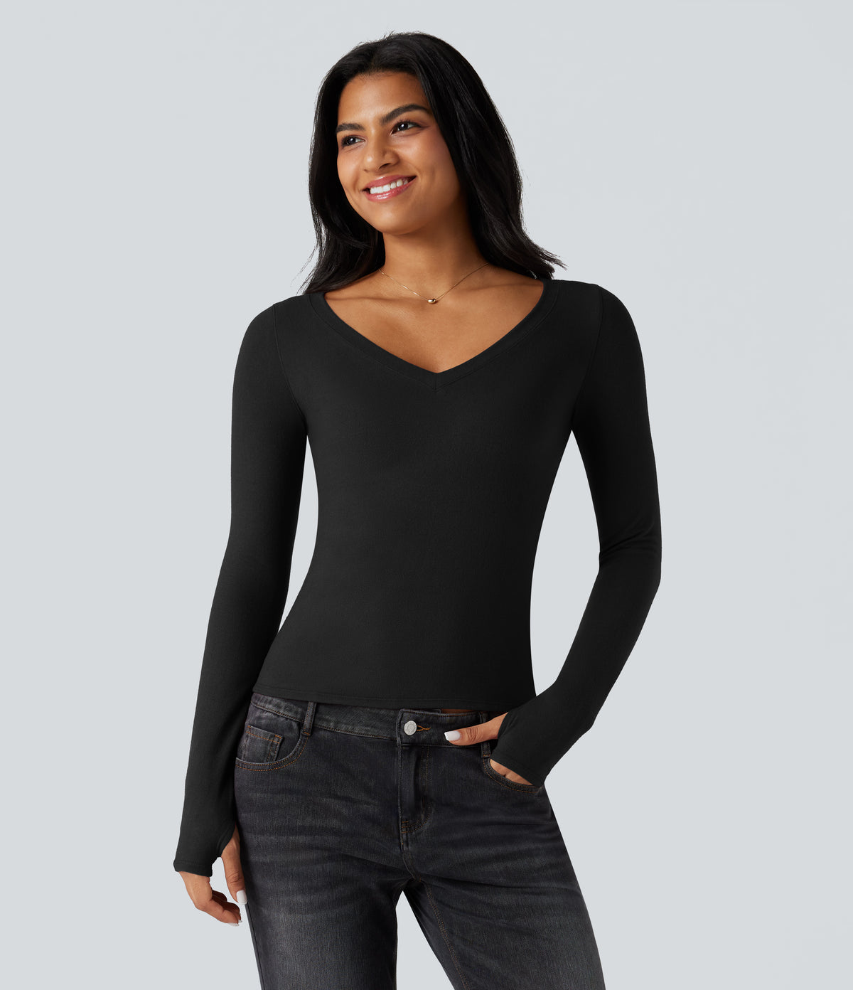 HeatCore V Neck Long Sleeve Thumb Hole Casual Warming Top — Black — view 6