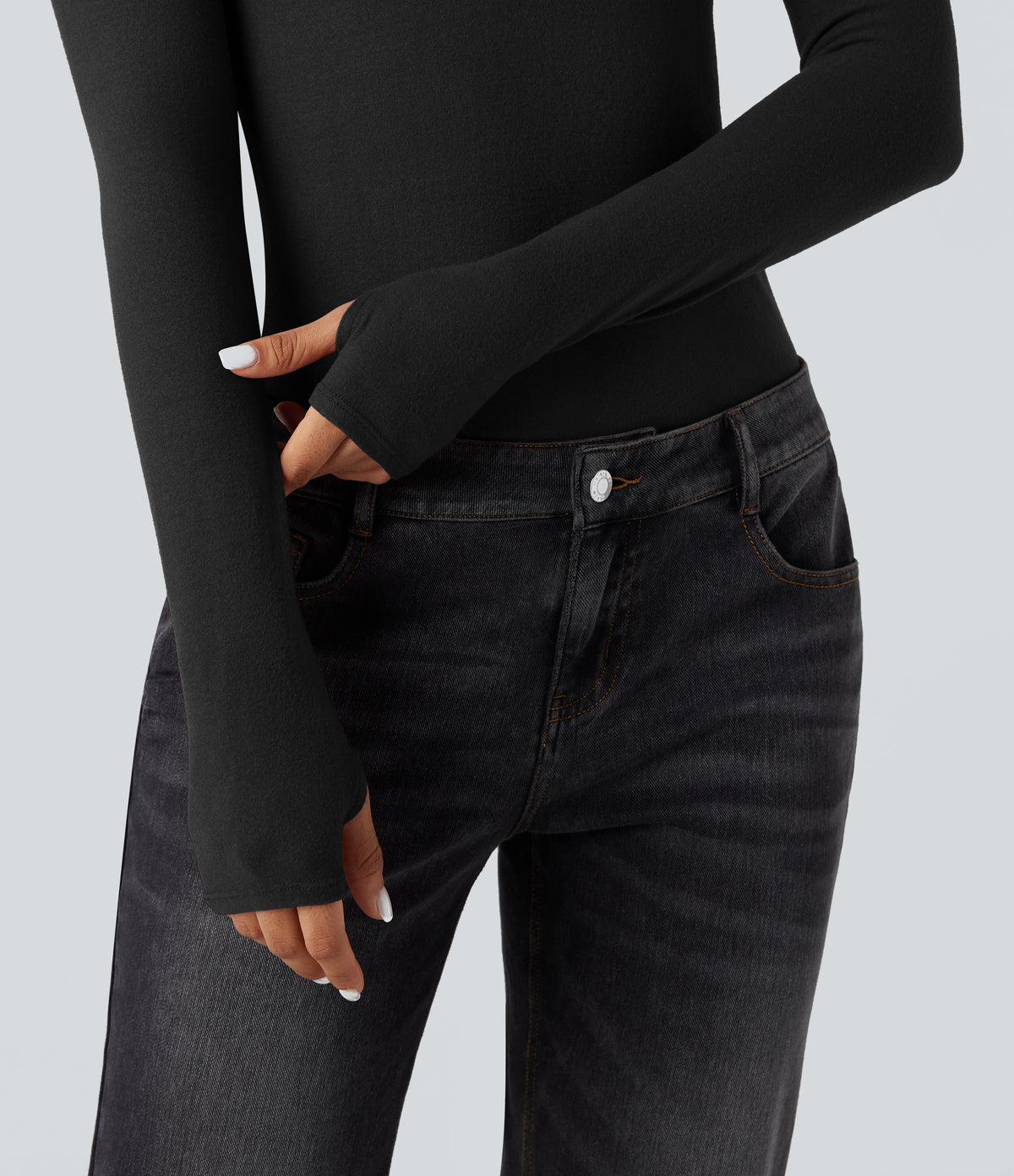 HeatCore V Neck Long Sleeve Thumb Hole Casual Warming Top — Black — view 5