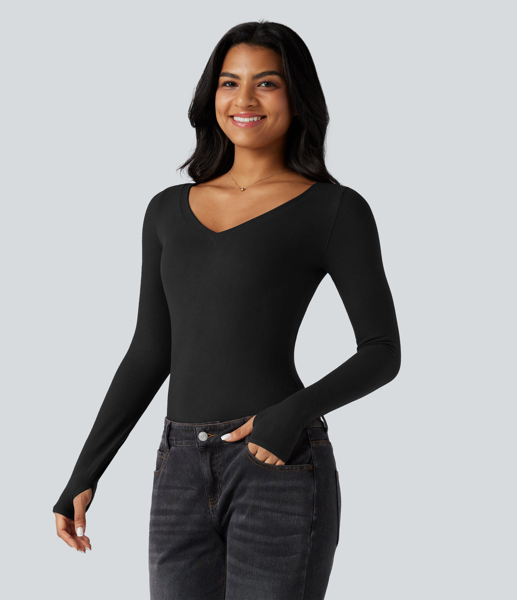 HeatCore V Neck Long Sleeve Thumb Hole Casual Warming Top — Black — view 3