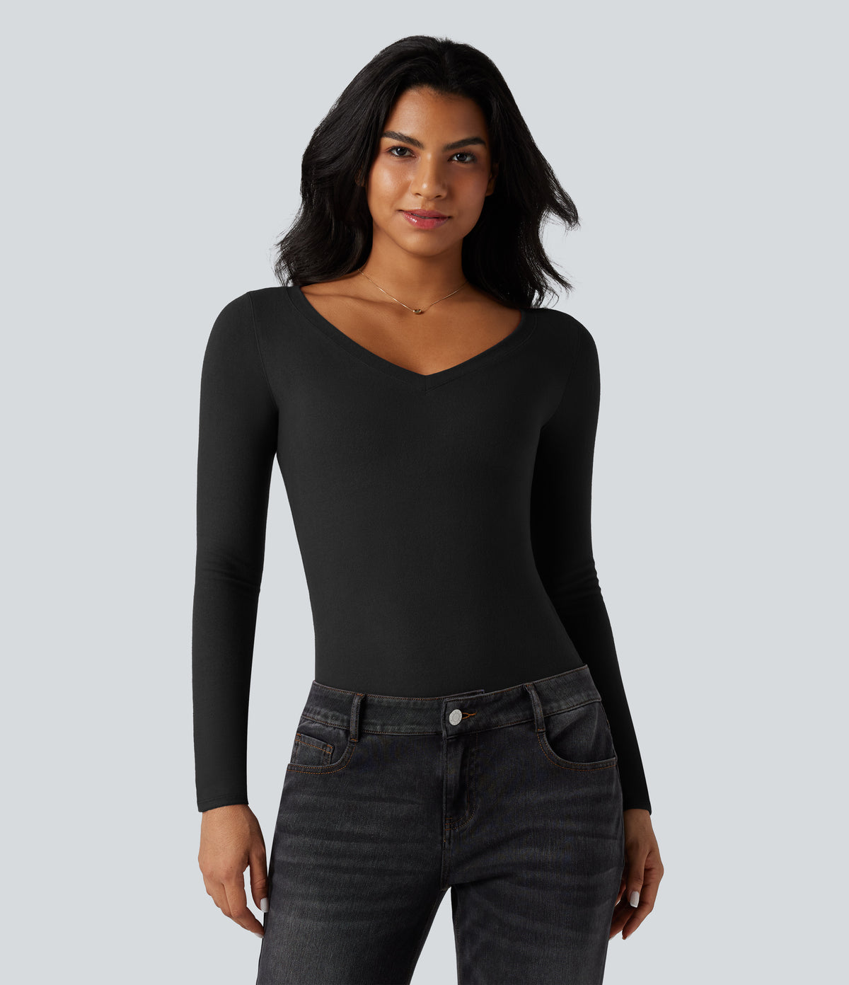 HeatCore V Neck Long Sleeve Thumb Hole Casual Warming Top — Black — view 4
