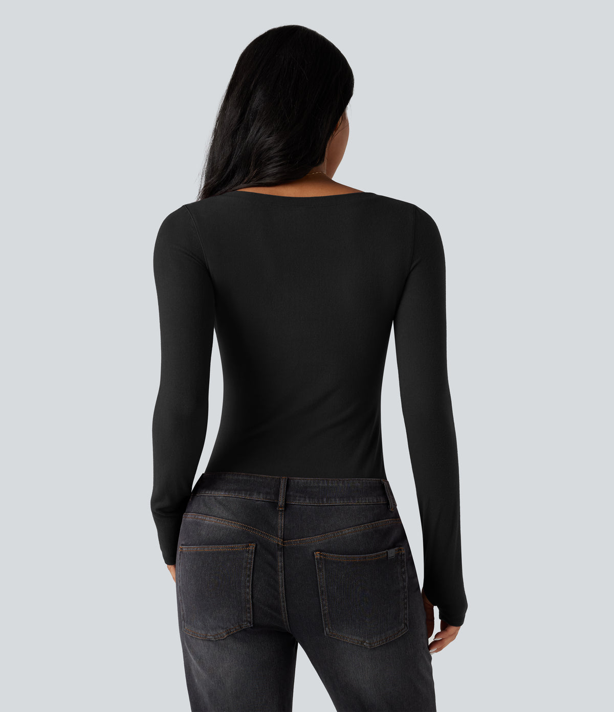 HeatCore V Neck Long Sleeve Thumb Hole Casual Warming Top — Black — view 2
