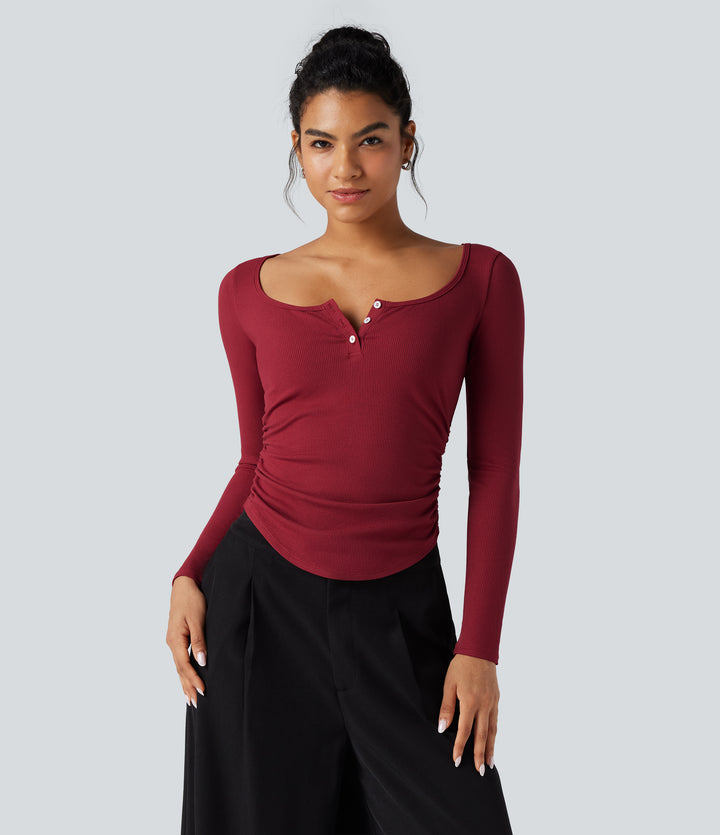 Ribbed Knit Henley Neck Long Sleeve Ruched Curved Hem Work T-Shirt — Ruby Wine — view 1