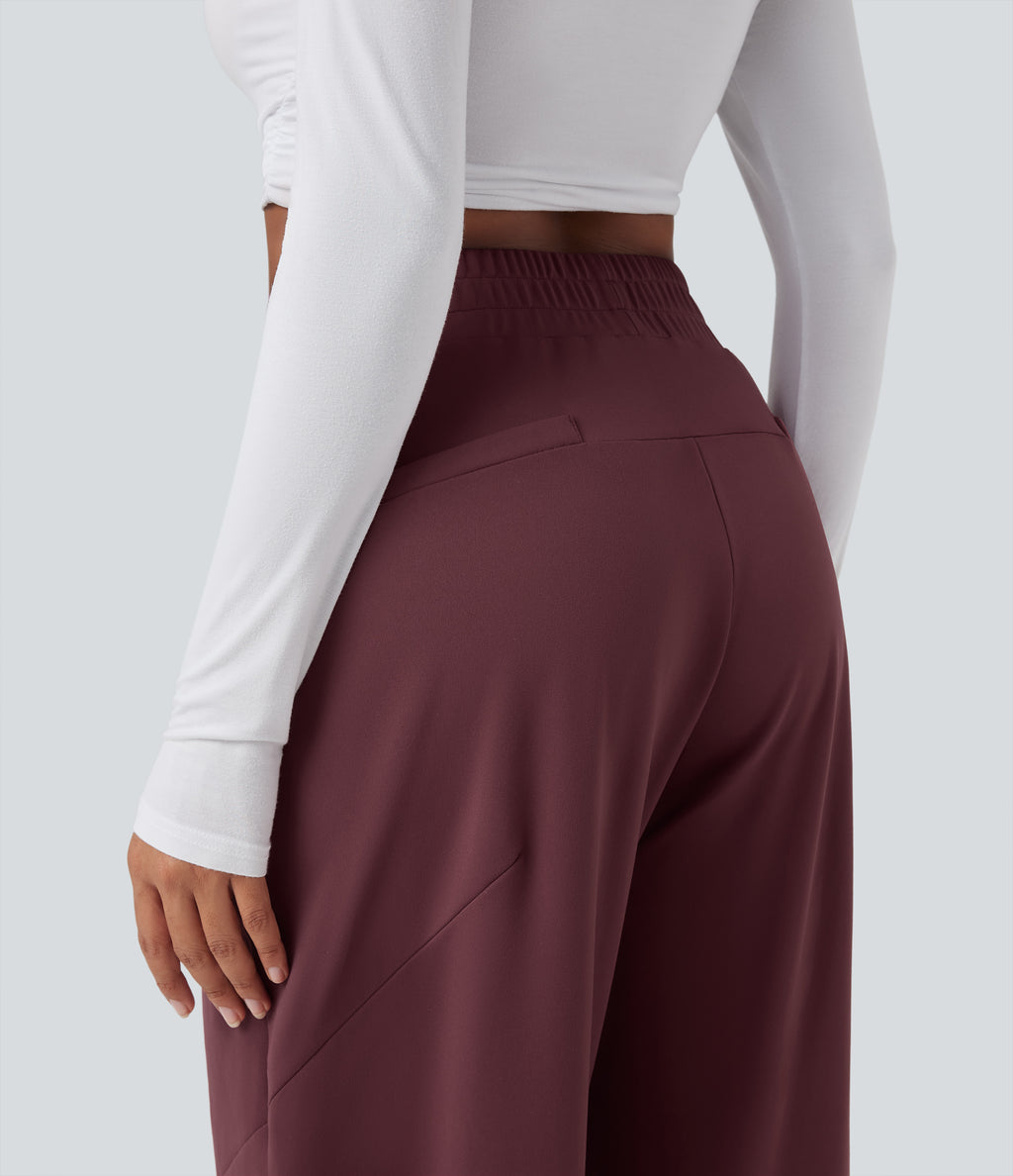Mid Rise Casual Barrel Leg 7/8 Trousers with Pockets — Red Mahogany — view 5
