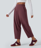 Mid Rise Casual Barrel Leg 7/8 Trousers with Pockets — Red Mahogany — view 1