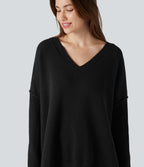 V-neck Reglan Long Sleeve Relaxed Fit Casual Jumper — Black — view 4