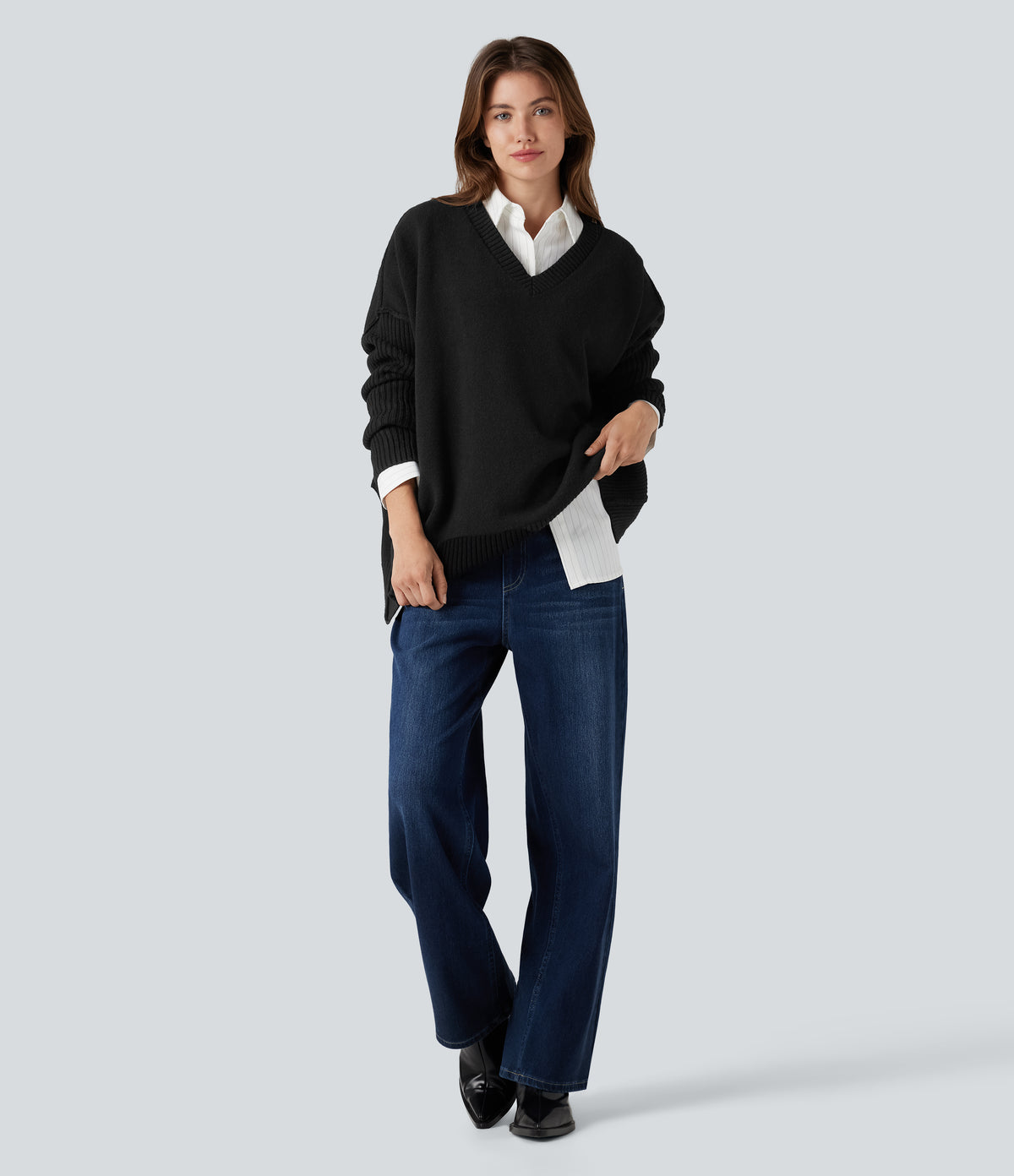 V-neck Reglan Long Sleeve Relaxed Fit Casual Jumper — Black — view 7